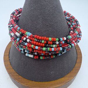 Layered Beaded Bracelet Red Black Blue Beads Spiral Flex Wire Design OS